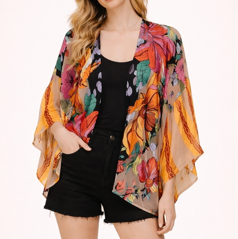 ARIS A. Floral Velvet Satin Chiffon Cover-up Kimono